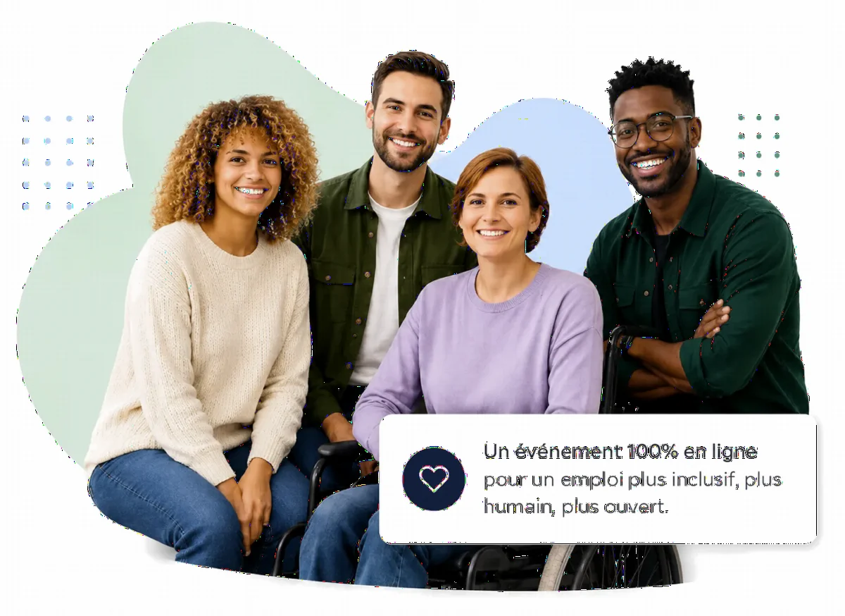 Quatre candidates et candidats souriants, dont une personne en fauteuil roulant.